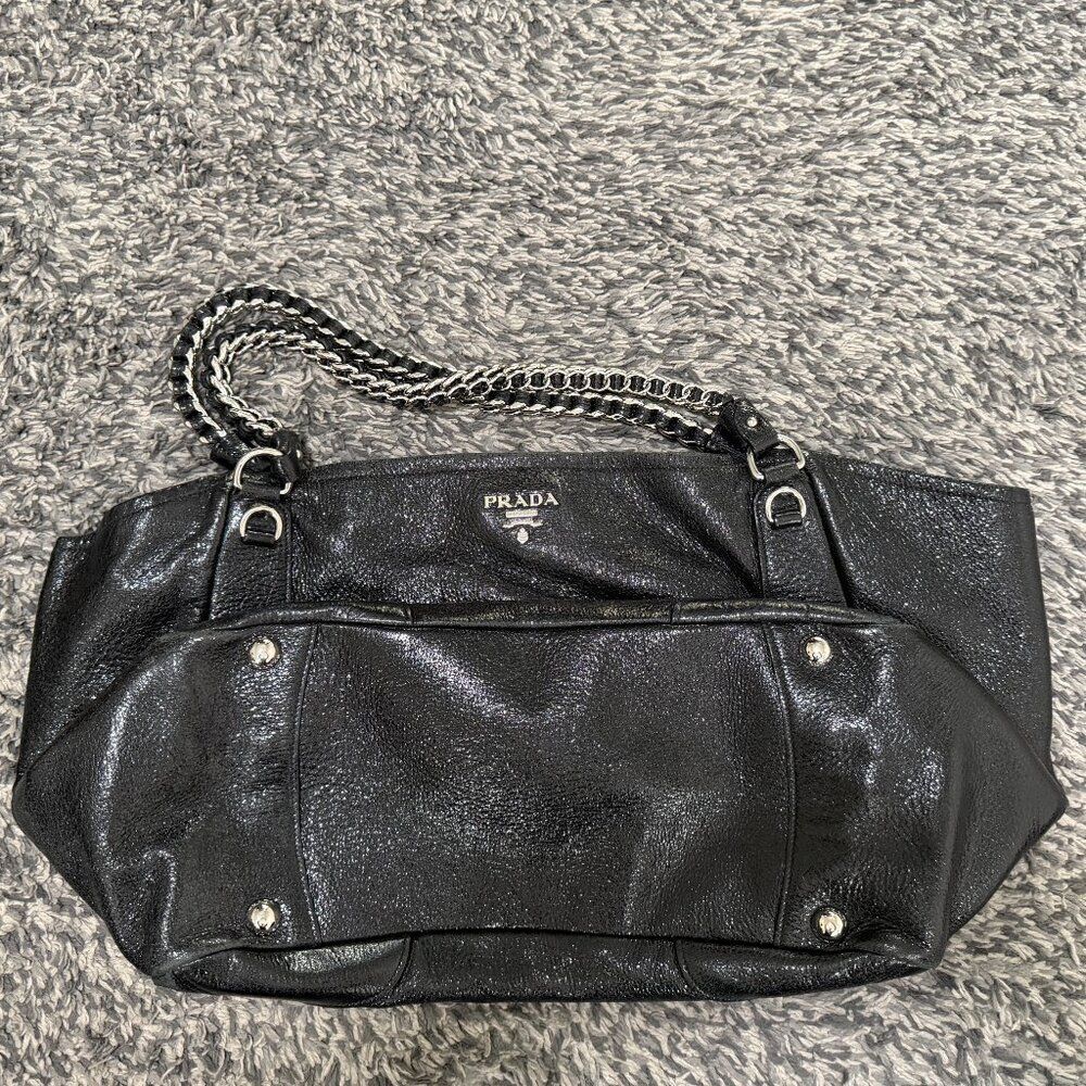 Prada Cervo Lux Chain Large Black Leather Tote - Picture 7 of 16